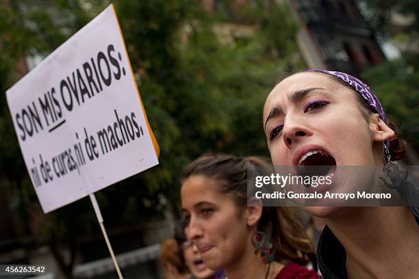 Woman shouts during a demonstration supporting reproductive rights for women on September 28, 2014 in Madrid, Spain. During an international day...