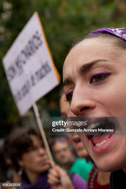Woman shouts during a demonstration supporting reproductive rights for women on September 28, 2014 in Madrid, Spain. During an international day...