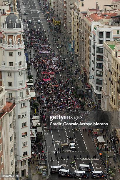 General view of a demonstration supporting reproductive rights for women crossing Gran Via street on September 28, 2014 in Madrid, Spain. During an...