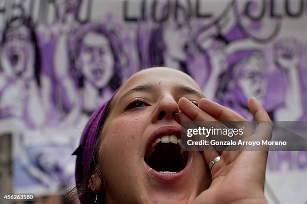Woman shouts claiming for her abortion right during a demonstration supporting reproductive rights for women on September 28, 2014 in Madrid, Spain....
