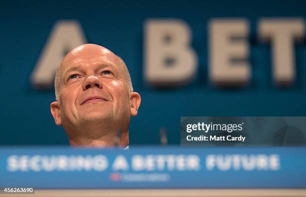 Leader of the House of Commons, William Hague, addresses delegates at the Conservative party conference for the last time in his political career on...