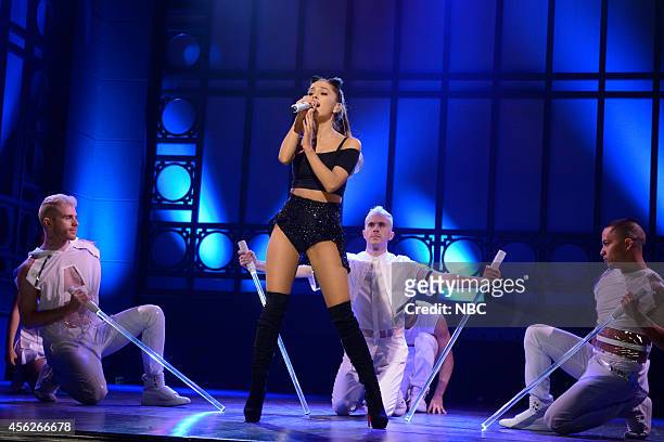 Chris Pratt" Episode 1663 -- Pictured: Musical guest Ariana Grande performs on September 27, 2014 --