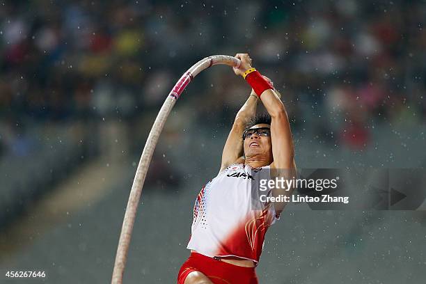 Daichi Sawano of Japan competes during the Men's Pole Vault final during day nine of the 2014 Asian Games at Incheon Asiad Main Stadium on September...