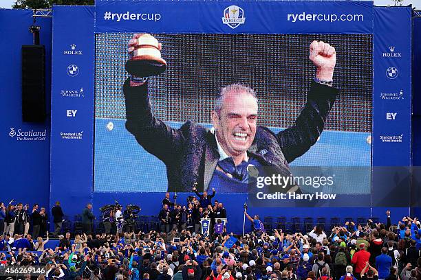 Europe team captain Paul McGinley celebrates winning the Ryder Cup with his team after the Singles Matches of the 2014 Ryder Cup on the PGA Centenary...