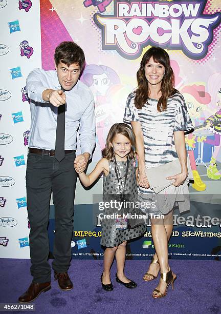 Mark Duplass, daughter Ora Duplass and wife Katie Aselton arrive at the Los Angeles premiere of "My Little Pony Equestria Girls Rainbow Rocks" held...