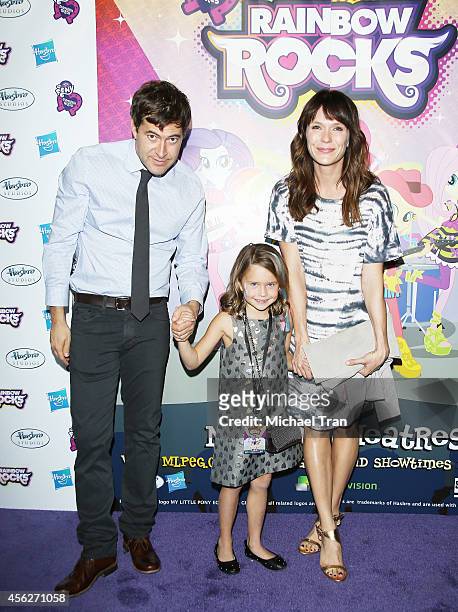 Mark Duplass, daughter Ora Duplass and wife Katie Aselton arrive at the Los Angeles premiere of "My Little Pony Equestria Girls Rainbow Rocks" held...