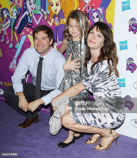 Mark Duplass, daughter Ora Duplass and wife Katie Aselton arrive at the Los Angeles premiere of "My Little Pony Equestria Girls Rainbow Rocks" held...