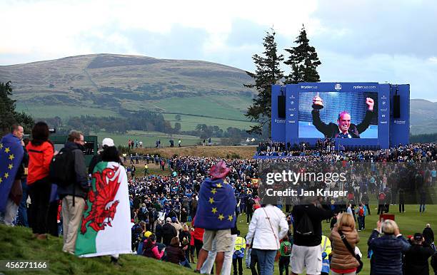 General view as Europe team captain Paul McGinley celebrates winning the Ryder Cup with his team after the Singles Matches of the 2014 Ryder Cup on...