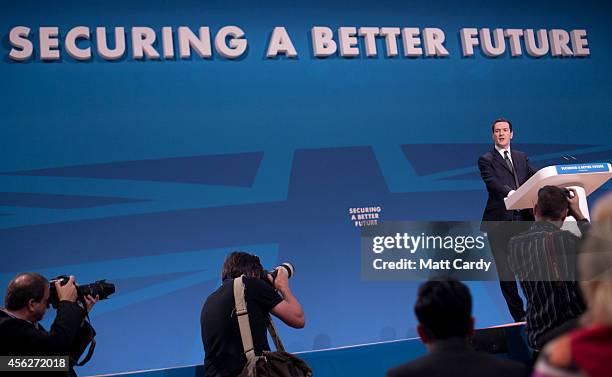 Chancellor of the Exchequer George Osborne addresses the Conservative party conference on September 28, 2014 in Birmingham, England. The governing...