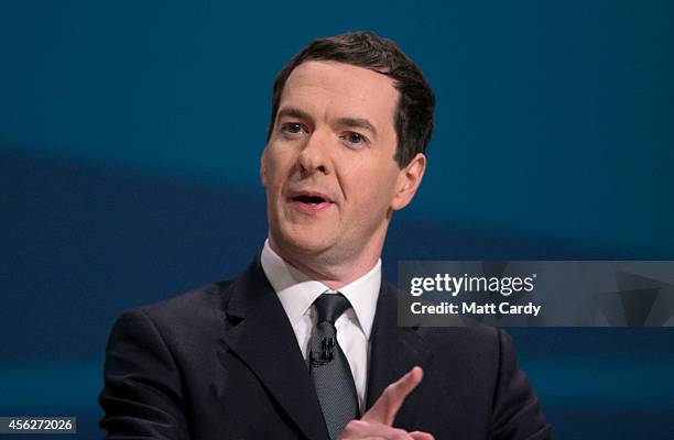 Chancellor of the Exchequer George Osborne addresses the Conservative party conference on September 28, 2014 in Birmingham, England. The governing...