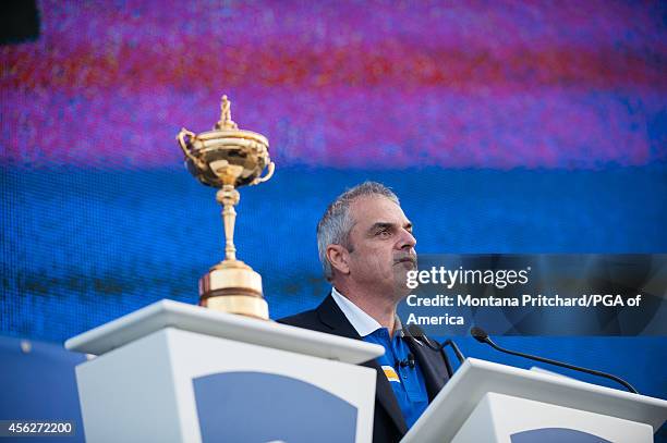 European Ryder Cup Captain Paul McGinley speaks during the award ceremony for the 40th Ryder Cup at Gleneagles, on September 28, 2014 in...