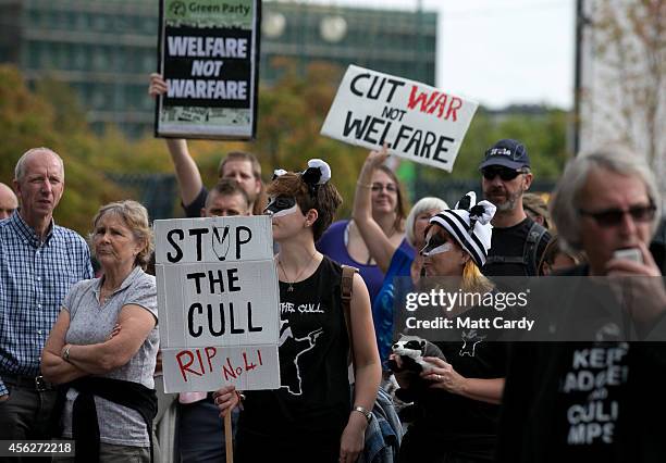 People demonstrate outside the Conservative party conference on September 28, 2014 in Birmingham, England. The governing Conservative party are...
