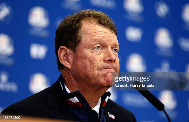 United States team captain Tom Watson talks during a press conference after his team were defeated by Europe after the Singles Matches of the 2014...
