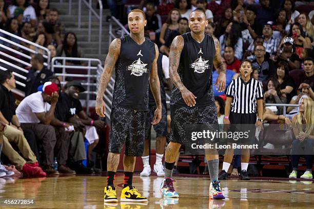 Tyga and Chris Brown attends the Power 106's All-Star Celebrity Basketball Game Benefiting Homeboy Industries at USC Galen Center on September 21,...