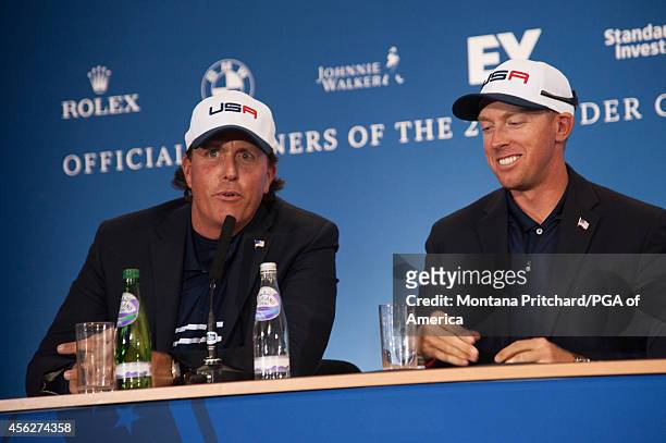 Phil Mickelson and Hunter Mahan in an interview after the award ceremony for the 40th Ryder Cup at Gleneagles, on September 28, 2014 in Auchterarder,...
