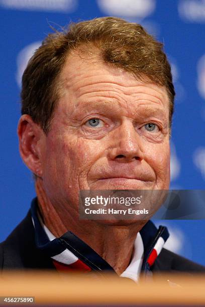 United States team captain Tom Watson looks on during press conference after the Singles Matches of the 2014 Ryder Cup on the PGA Centenary course at...