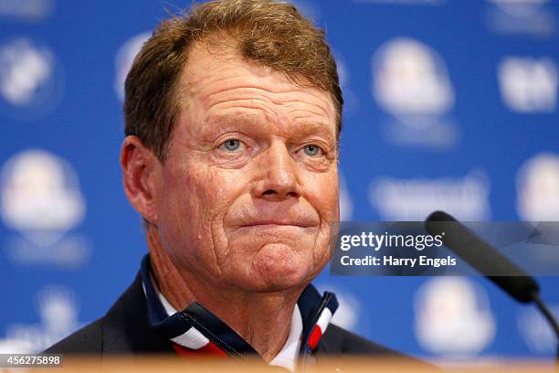 United States team captain Tom Watson looks on during press conference after the Singles Matches of the 2014 Ryder Cup on the PGA Centenary course at...