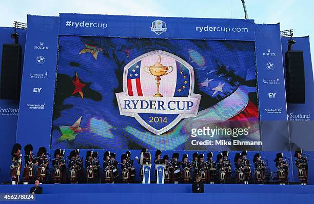General view of the trophy presentation after the Singles Matches of the 2014 Ryder Cup on the PGA Centenary course at the Gleneagles Hotel on...