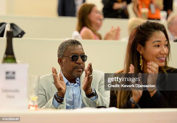 Founder Robert Johnson and Lauren Wooden celebrate after Paige Johnson won the Airbus Grand Prix class as part of the Longines Los Angeles Masters at...