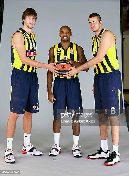 Jan Vesely, #24; Ricky Hickman, #3 and Nemanja Bjelica, #8 poses during the Fenerbahce Ulker Istanbul 2014/2015 Turkish Airlines Euroleague...