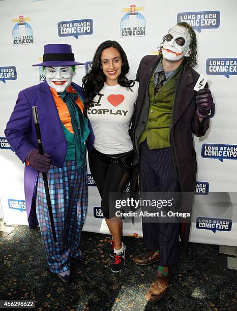 Actress Valerie Perez with Jack Nicholsons' Joker and Heath Ledger's Joker at The Long Beach Comic Con held at the Long Beach Convention Center on...