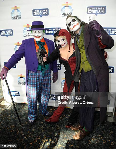 Cosplayer's Jack Nicholsons' Joker and Heath Ledger's Joker with Harley Quinn at The Long Beach Comic Con held at the Long Beach Convention Center on...