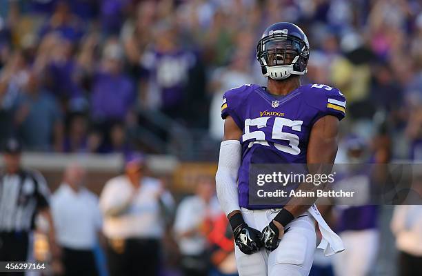 Anthony Barr of the Minnesota Vikings celebrates his sack of Matt Ryan of the Atlanta Falcons at TCF Bank Stadium on September 28, 2014 in...