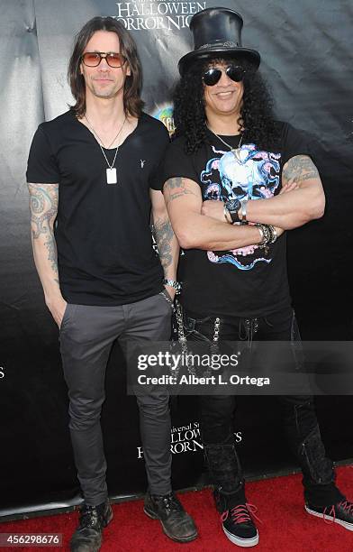 Musicians Myles Kennedy and Slash arrive for Universal Studios Hollywood "Halloween Horror Nights" Kick Off With The Annual "Eyegore Awards" held at...