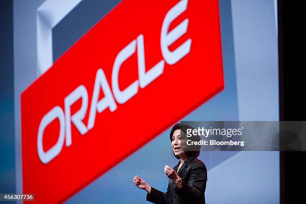 Safra Catz, co-chief executive officer of Oracle Corp., gestures as she speaks during the Oracle OpenWorld 2014 conference in San Francisco,...