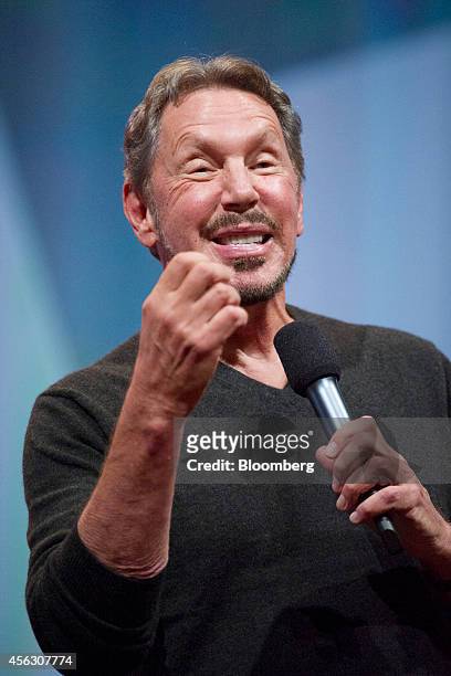 Billionaire Larry Ellison, chairman of Oracle Corp., gestures as he speaks during the Oracle OpenWorld 2014 conference in San Francisco, California,...