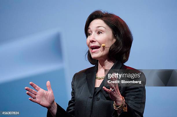 Safra Catz, co-chief executive officer of Oracle Corp., gestures as she speaks during the Oracle OpenWorld 2014 conference in San Francisco,...