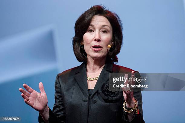 Safra Catz, co-chief executive officer of Oracle Corp., gestures as she speaks during the Oracle OpenWorld 2014 conference in San Francisco,...