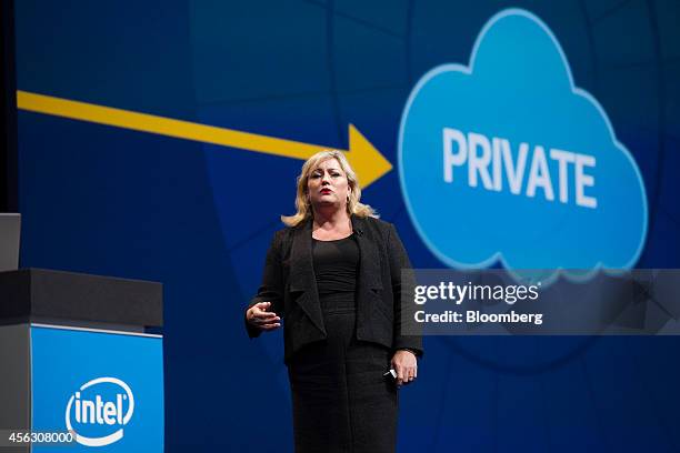 Renee James, president of Intel Corp., speaks during the Oracle OpenWorld 2014 conference in San Francisco, California, U.S., on Sunday, Sept. 28,...