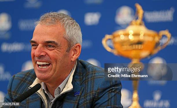 Paul McGinley, the victorious European Ryder Cup team captain, speaks with members of the media at Gleneagles on September 29, 2014 in Auchterarder,...