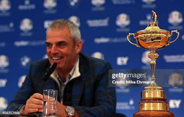 Paul McGinley, the victorious European Ryder Cup team captain, speaks with members of the media at Gleneagles on September 29, 2014 in Auchterarder,...