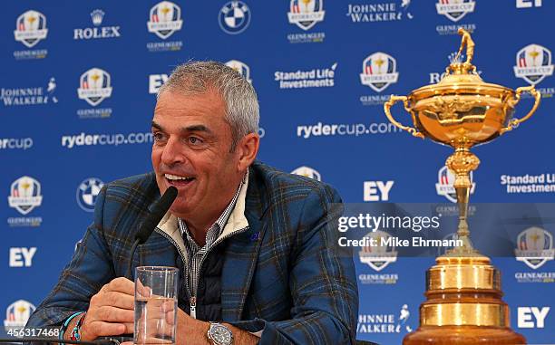 Paul McGinley, the victorious European Ryder Cup team captain, speaks with members of the media at Gleneagles on September 29, 2014 in Auchterarder,...