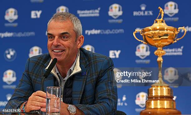 Paul McGinley, the victorious European Ryder Cup team captain, speaks with members of the media at Gleneagles on September 29, 2014 in Auchterarder,...