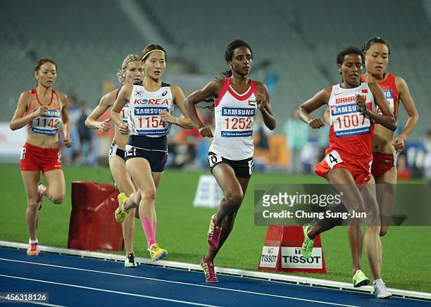 Maryam Yusuf Isa Jamal of Bahrain competes in the Women's 1500m final during day ten of the 2014 Asian Games at Incheon Asiad Main Stadium on...