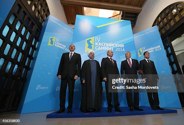 Azerbaijan's President Ilham Aliyev, Iran's President Hassan Rouhani, Russian President Vladimir Putin, Kazakh President Nursultan Nazarbayev,...