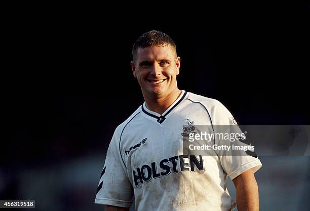 Paul Gascoigne of Spurs smiles during an FA Cup 5th Round match between Portsmouth and Tottenham Hotspur at Fratton Park on February 16, 1991 in...