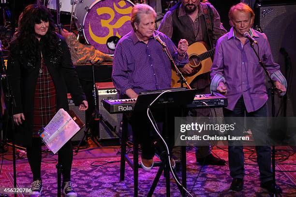 Musicians Ann Wilson of Heart, Brian Wilson of The Beach Boys and Al Jardine of The Beach Boys perform at George Fest at Fonda Theater on September...