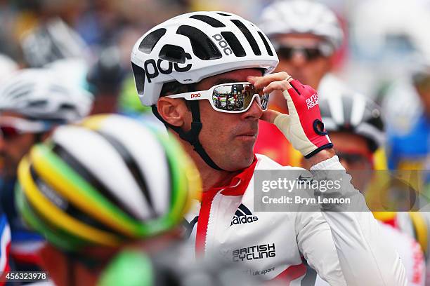 David Millar of Great Britain looks on at the start of the Elite Men's Road Race on day seven of the UCI Road World Championships on September 28,...