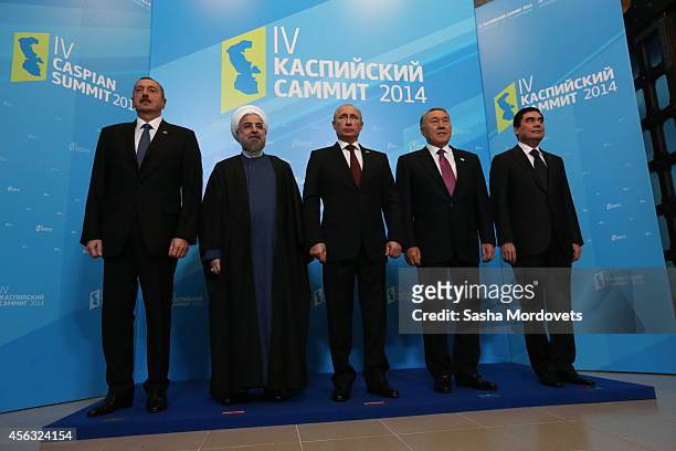 Azerbaijan's President Ilham Aliyev, Iran's President Hassan Rouhani, Russian President Vladimir Putin, Kazakh President Nursultan Nazarbayev,...