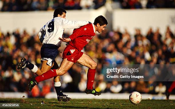 Nigel Clough of Nottingham Forest pulls away from Vinny Samways of Spurs during a league Division One match between Tottenham Hotspur and Nottingham...