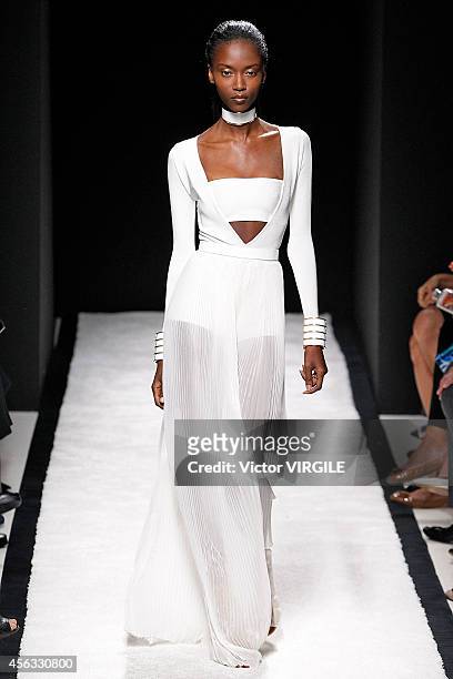 Model walks the runway during the Balmain Ready to Wear show as part of the Paris Fashion Week Womenswear Spring/Summer 2015 on September 25, 2014 in...