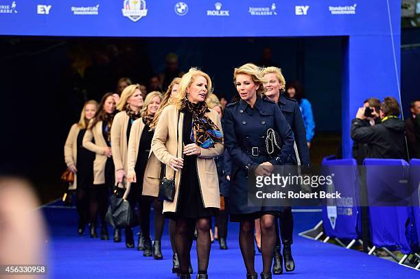 Hilary Watson , wife of Team USA captain Tom Watson with Allison McGinley, wife of Team Europe captain Paul McGinley during Opening Ceremony at The...
