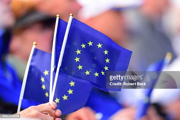 View of European Union flags held by Team Europe fans during Opening Ceremony at The Gleneagles Hotel. Auchterarder, Scotland 9/25/2014 CREDIT:...