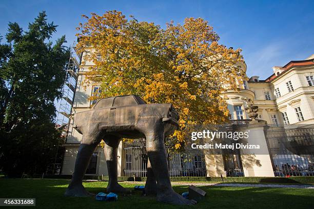 Czech artist David Cerny Walking Traband sculpture stands in the garden of the German embassy on September 29, 2014 in Prague, Czech Republic. In...