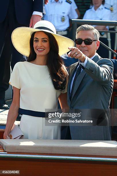 George Clooney and Amal Alamuddin sighting during their civil wedding at Canal Grande on September 29, 2014 in Venice, Italy.