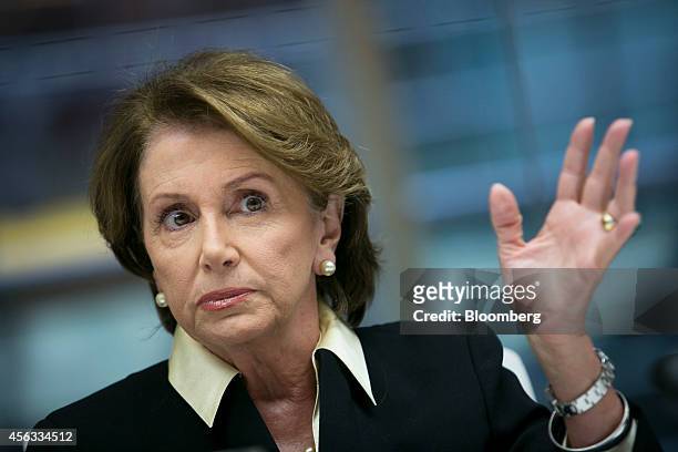 House Minority Leader Nancy Pelosi, a Democrat from California, gestures while speaking during an interview in New York, U.S., on Monday, Sept. 29,...